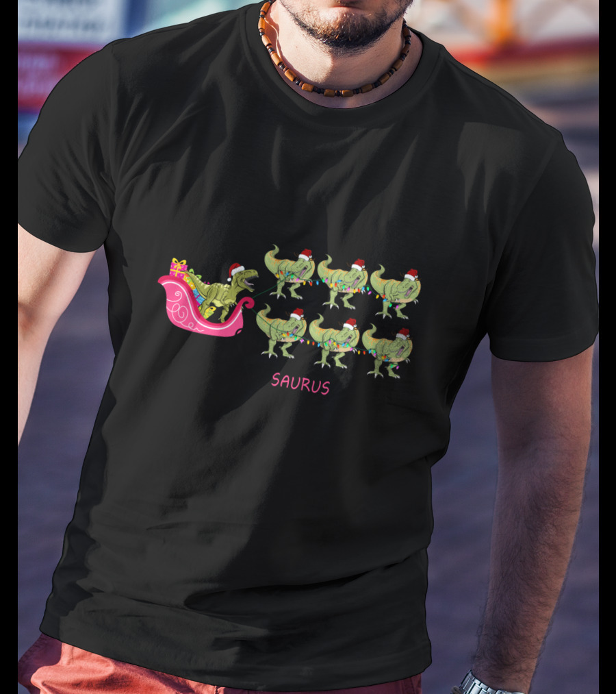 I Am Dreaming Of A Saurus Christmas With Dinosaur Santa Sleigh T-Shirt