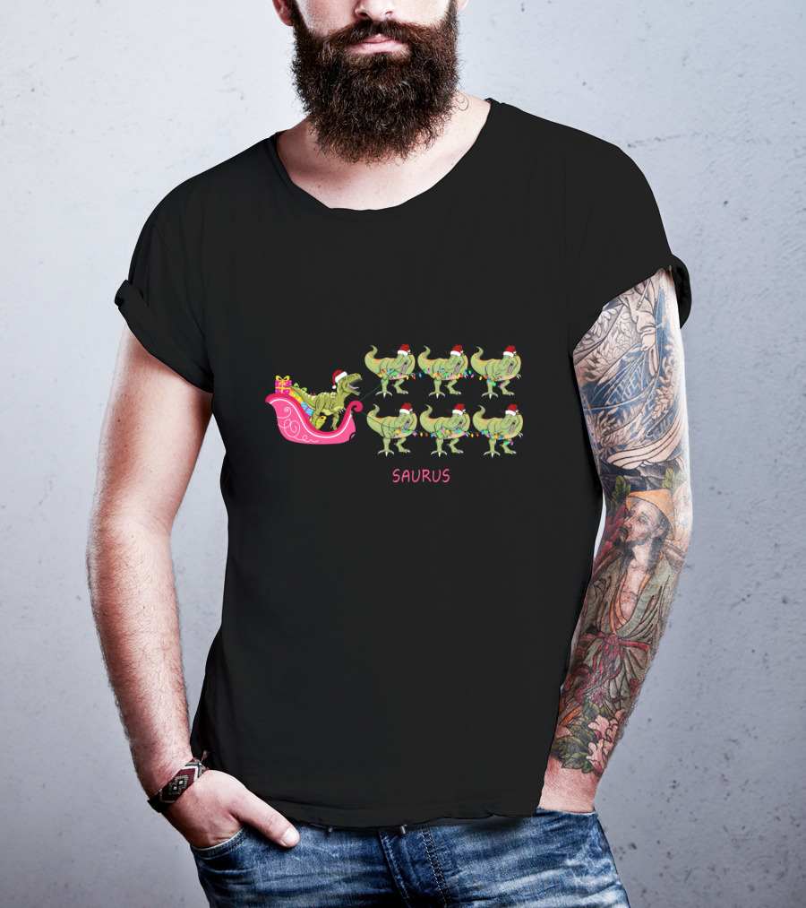I Am Dreaming Of A Saurus Christmas With Dinosaur Santa Sleigh T-Shirt