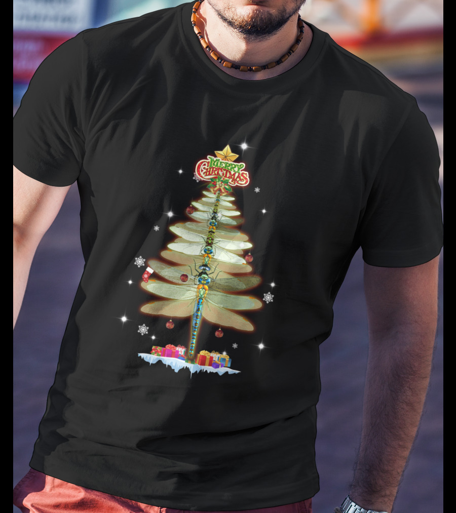 Merry Christmas Dragonfly Tree With Ornaments And Presents T-Shirt