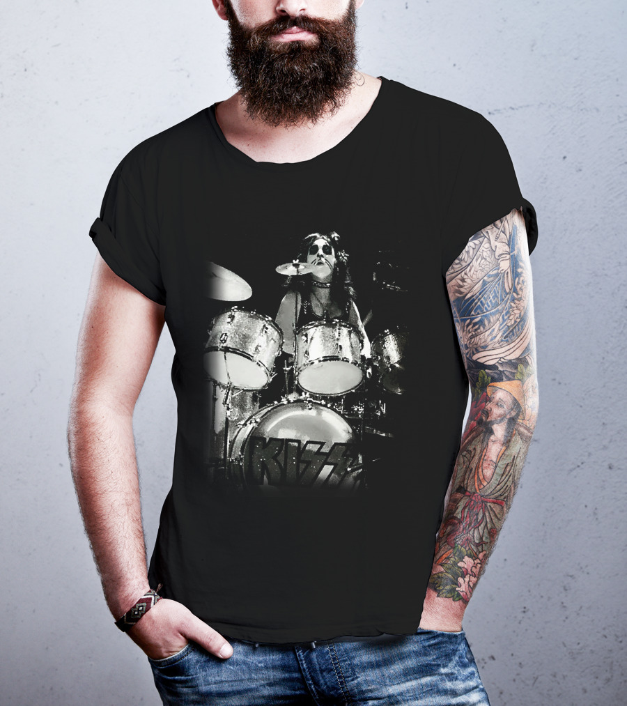 KISS Peter Criss Drummer Black And White Performance T-Shirt