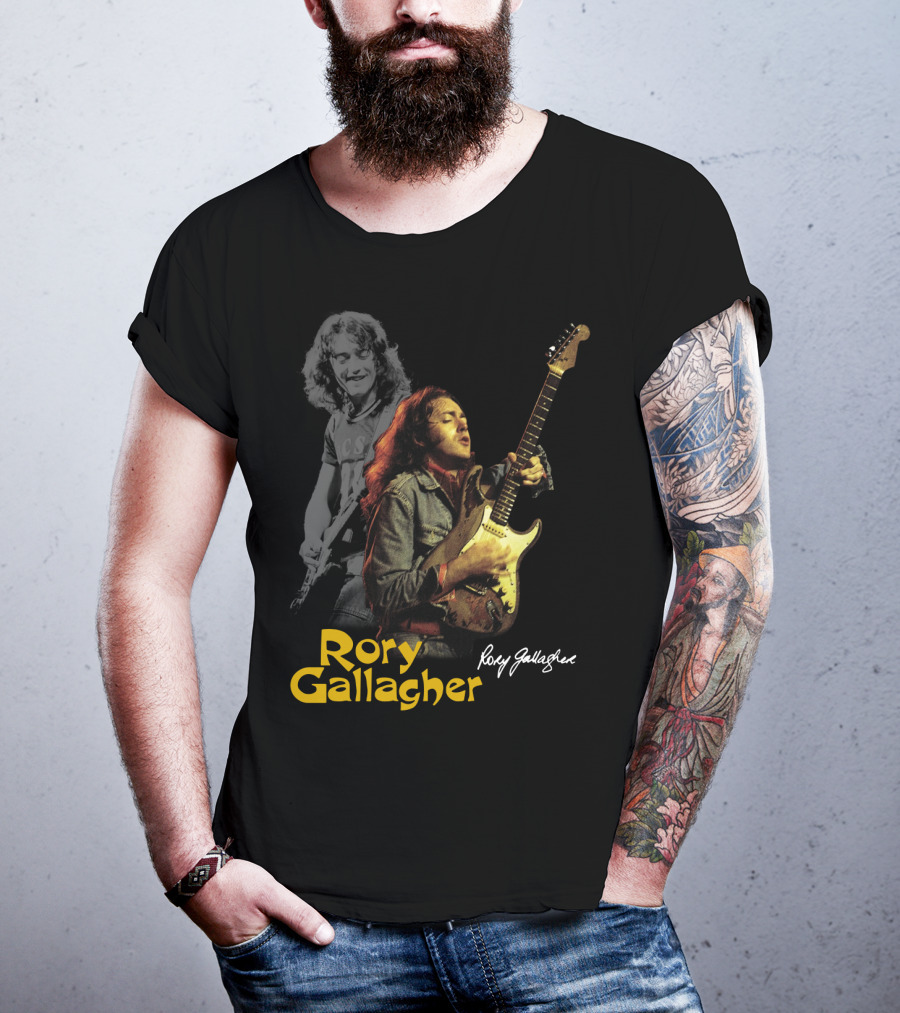 Rory Gallagher Playing Electric Guitar With Signature T-Shirt