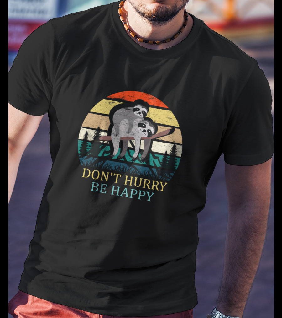 Retro Sloth Hiking Team Don't Hurry Be Happy Vintage Sunset Stripes Forest T-Shirt