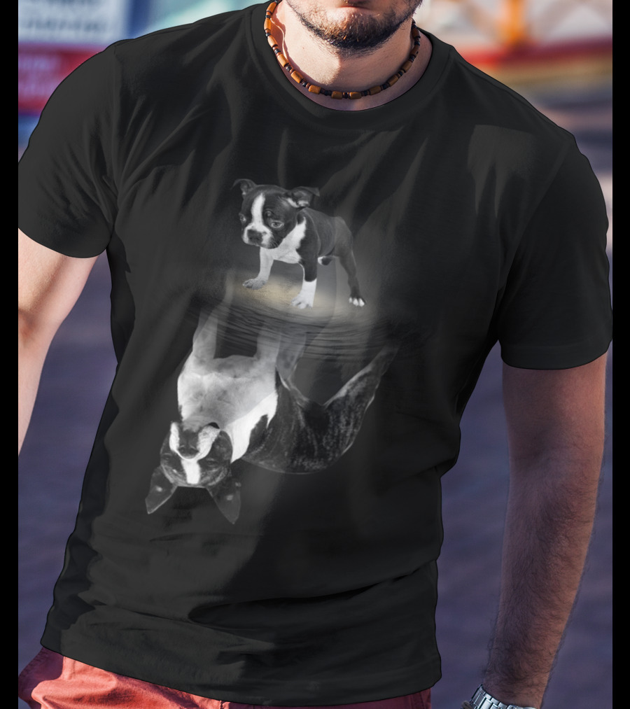 Bostie Mom Boston Terrier Reflections In Water With Puppy T-Shirt