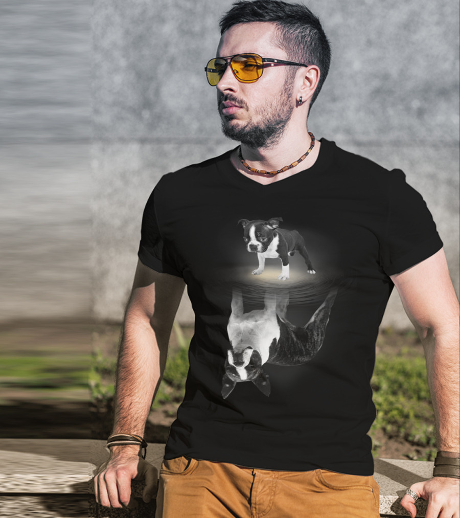 Bostie Mom Boston Terrier Reflections In Water With Puppy T-Shirt