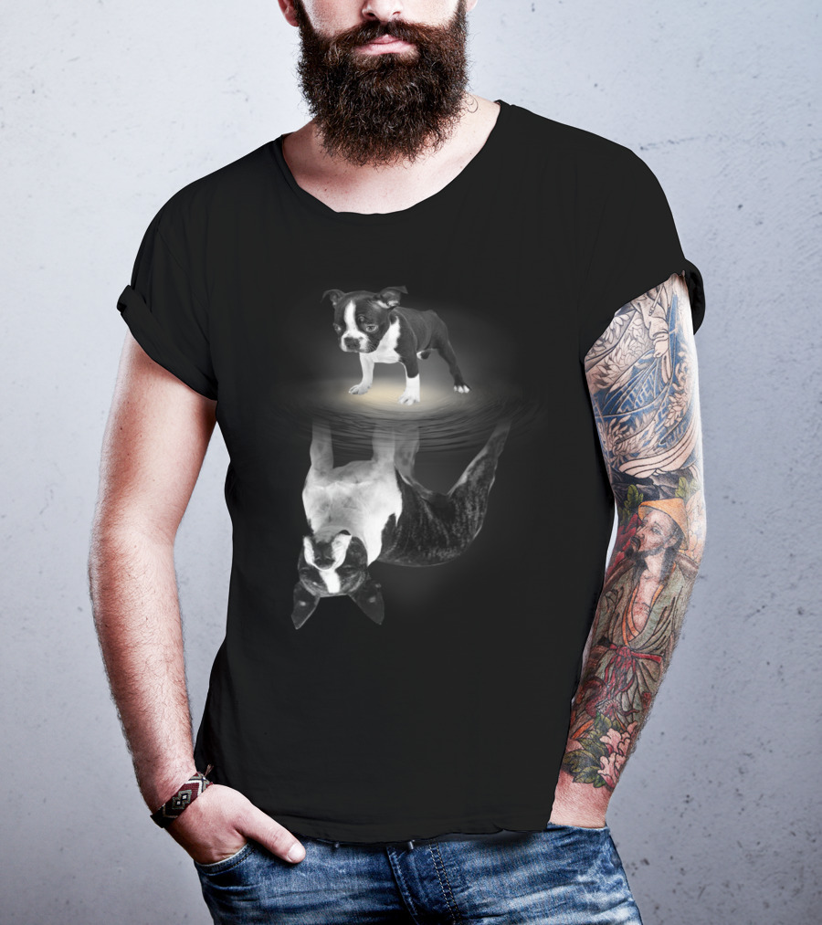 Bostie Mom Boston Terrier Reflections In Water With Puppy T-Shirt