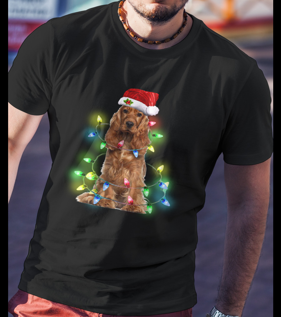 Cocker Spaniel Christmas Santa Hat Wrapped In Colorful Holiday Lights T-Shirt