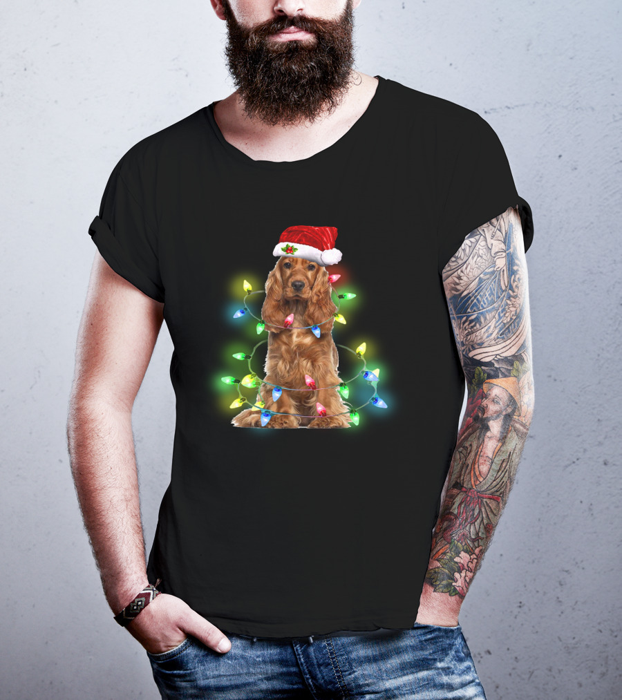 Cocker Spaniel Christmas Santa Hat Wrapped In Colorful Holiday Lights T-Shirt