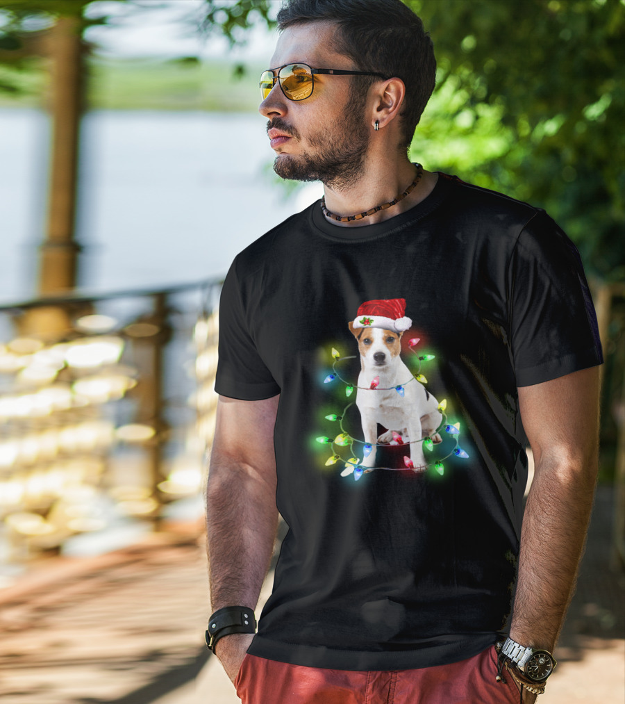 Jack Russell Terrier Holiday Lights Festive Santa Hat T-Shirt