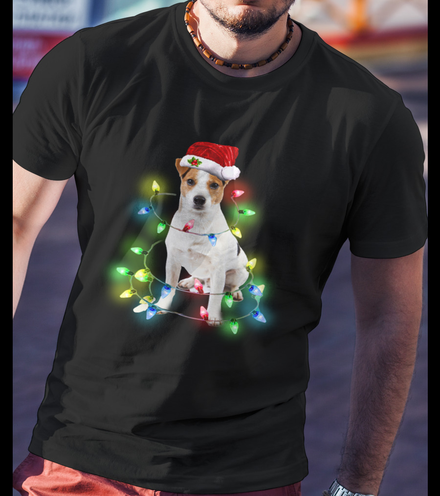 Jack Russell Terrier Holiday Lights Festive Santa Hat T-Shirt