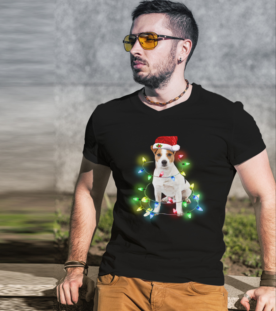 Jack Russell Terrier Holiday Lights Festive Santa Hat T-Shirt