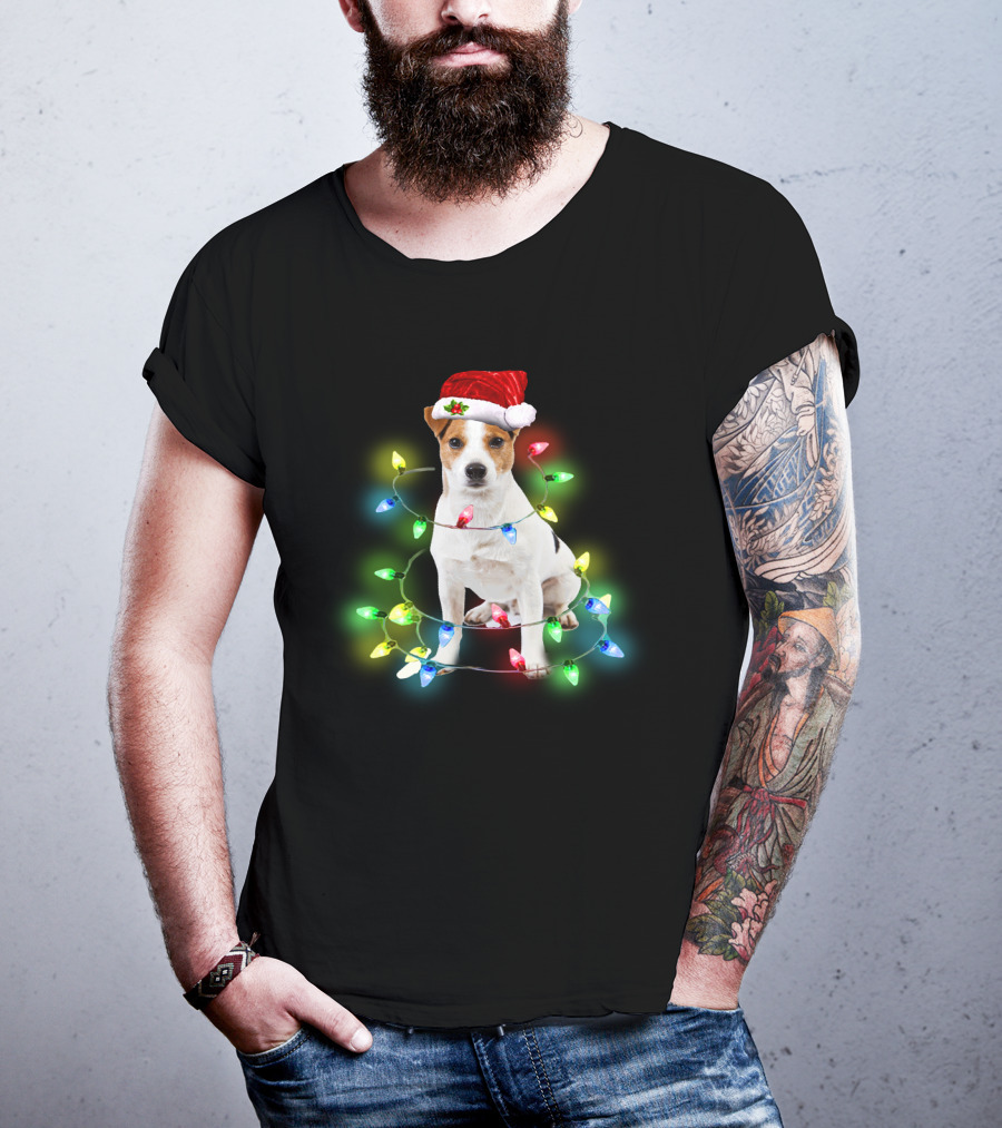 Jack Russell Terrier Holiday Lights Festive Santa Hat T-Shirt
