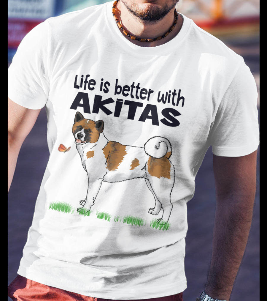 Life Is Better With Akitas Illustrated With Butterfly And Dog T-Shirt