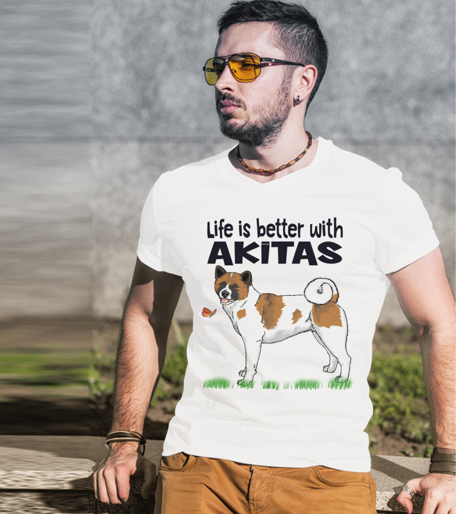 Life Is Better With Akitas Illustrated With Butterfly And Dog T-Shirt