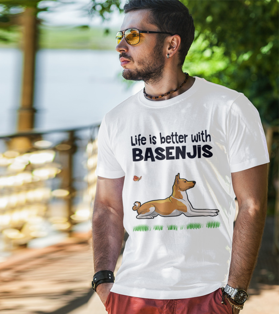 Life Is Better With Basenjis Dog 70s Retro Style Laying On Grass With Butterfly T-Shirt