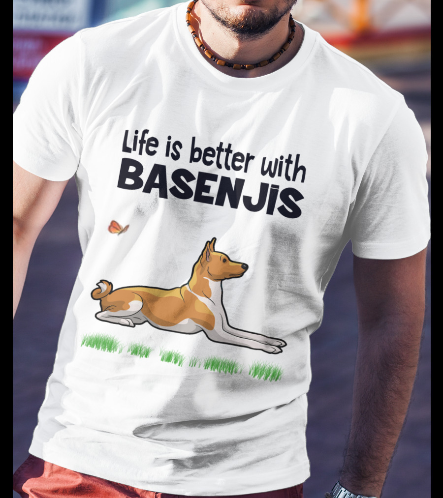 Life Is Better With Basenjis Dog 70s Retro Style Laying On Grass With Butterfly T-Shirt