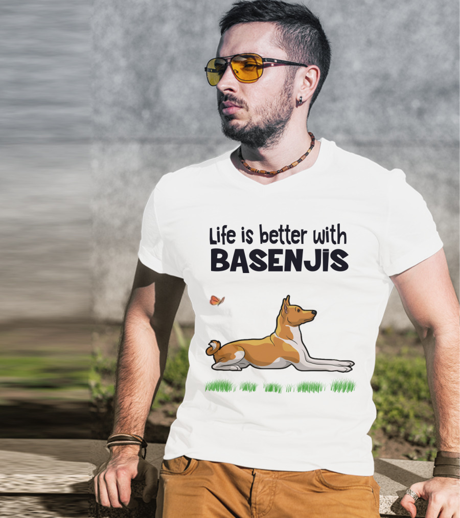 Life Is Better With Basenjis Dog 70s Retro Style Laying On Grass With Butterfly T-Shirt