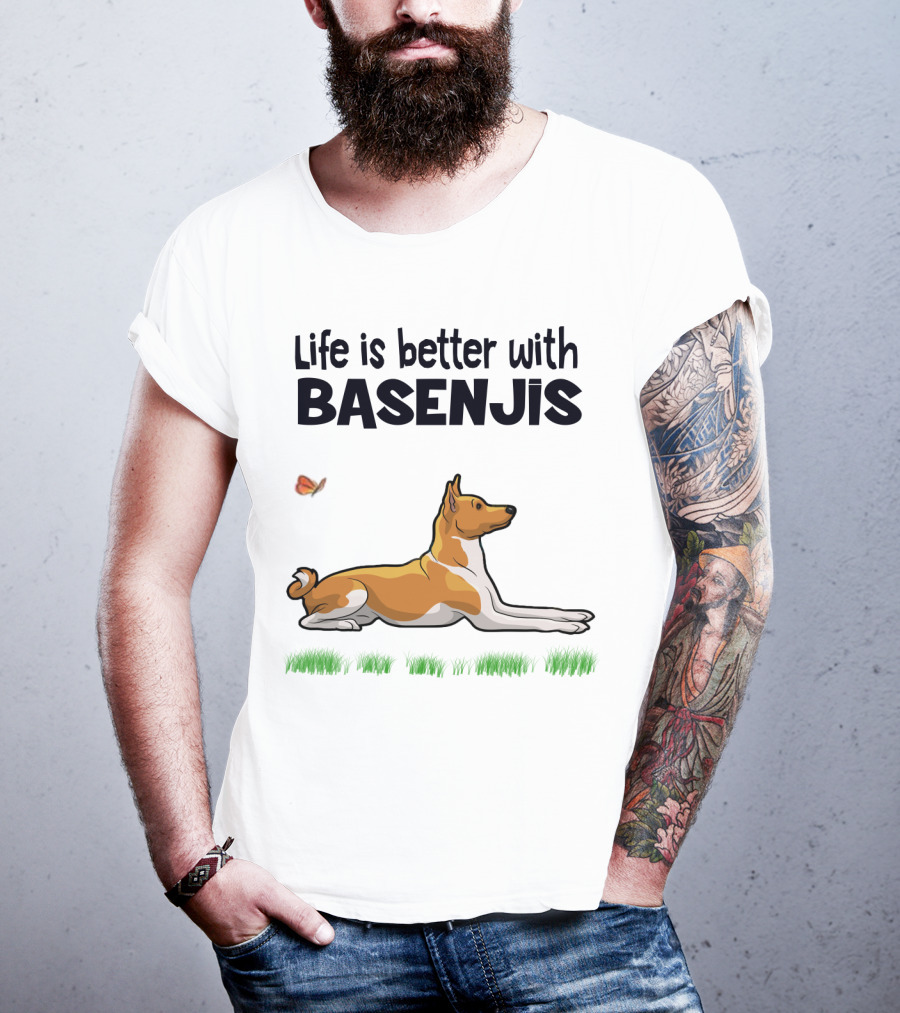 Life Is Better With Basenjis Dog 70s Retro Style Laying On Grass With Butterfly T-Shirt