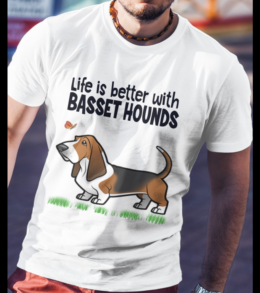 Life Is Better With Basset Hounds Butterfly And Dog Graphics On Grass T-Shirt