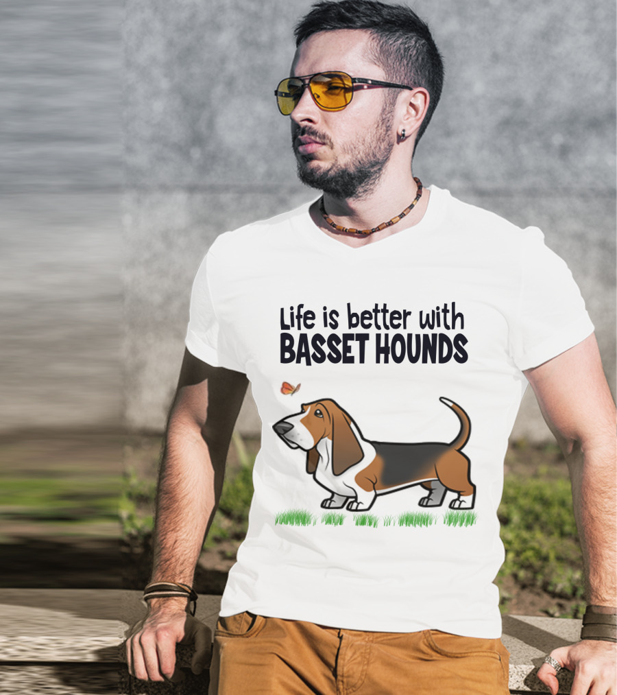 Life Is Better With Basset Hounds Butterfly And Dog Graphics On Grass T-Shirt