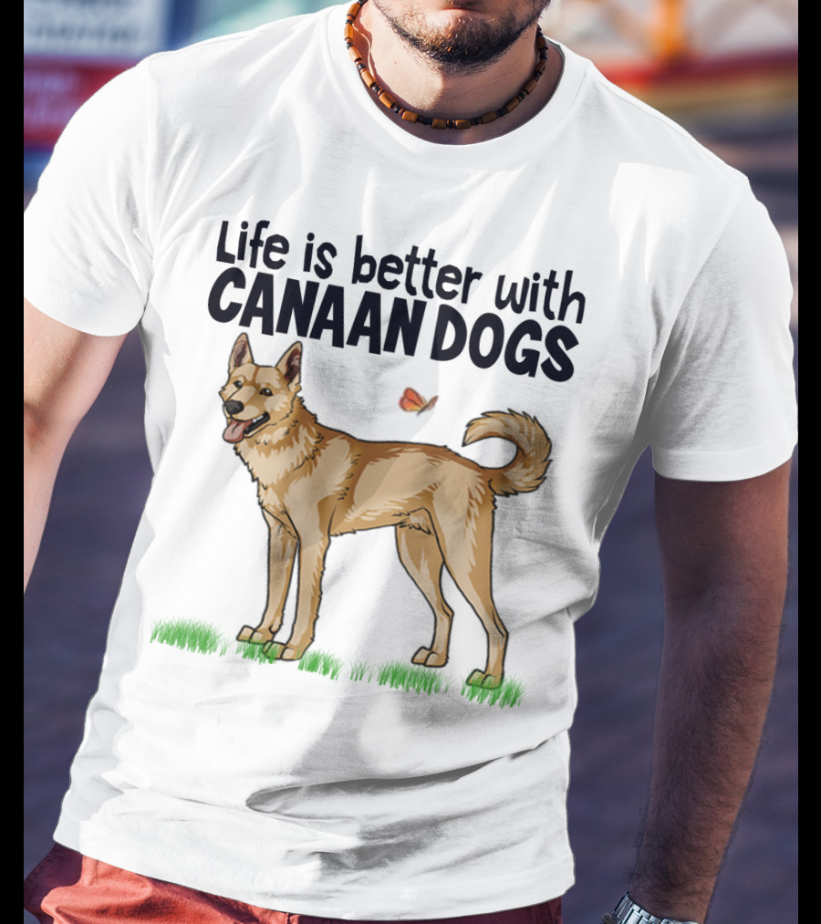 Life Is Better With Canaan Dogs Featuring Butterfly And Grass Details T-Shirt
