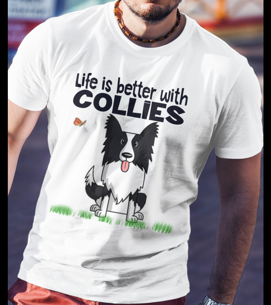 Life Is Better With Collies Cute Border Collie Illustration Butterfly And Grass T-Shirt