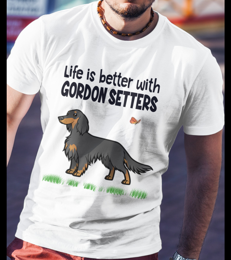 Life Is Better With Gordon Setters Charming Dog Illustration Featuring Butterfly And Grass T-Shirt