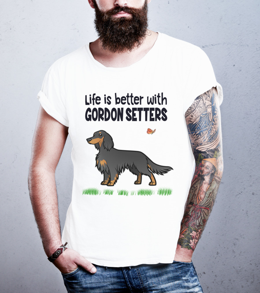 Life Is Better With Gordon Setters Charming Dog Illustration Featuring Butterfly And Grass T-Shirt