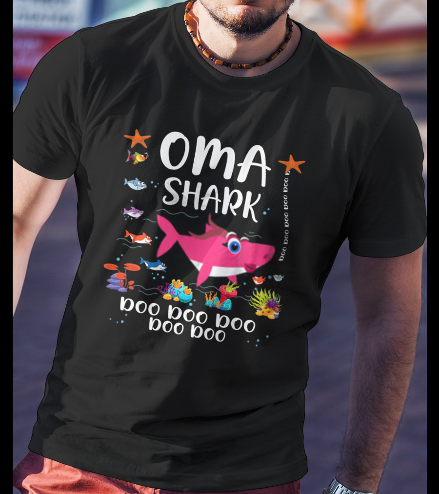 Oma Shark Doo Doo Doo Cute Pink Shark Surrounded By Colorful Sea Creatures And Starfish T-Shirt