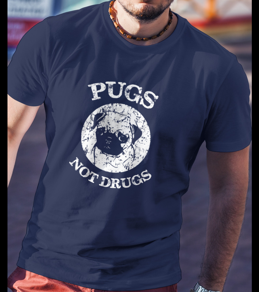 Vintage Style Pugs Not Drugs With Distressed Pug Face T-Shirt