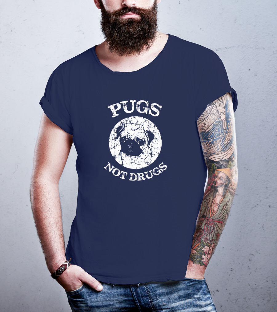 Vintage Style Pugs Not Drugs With Distressed Pug Face T-Shirt