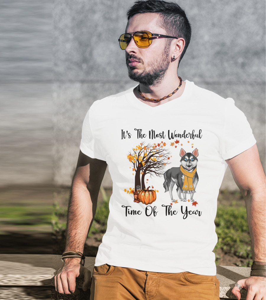 It's The Most Wonderful Time Of The Year Siberian Husky Fall Leaves Pumpkin Scarf Tree T-Shirt