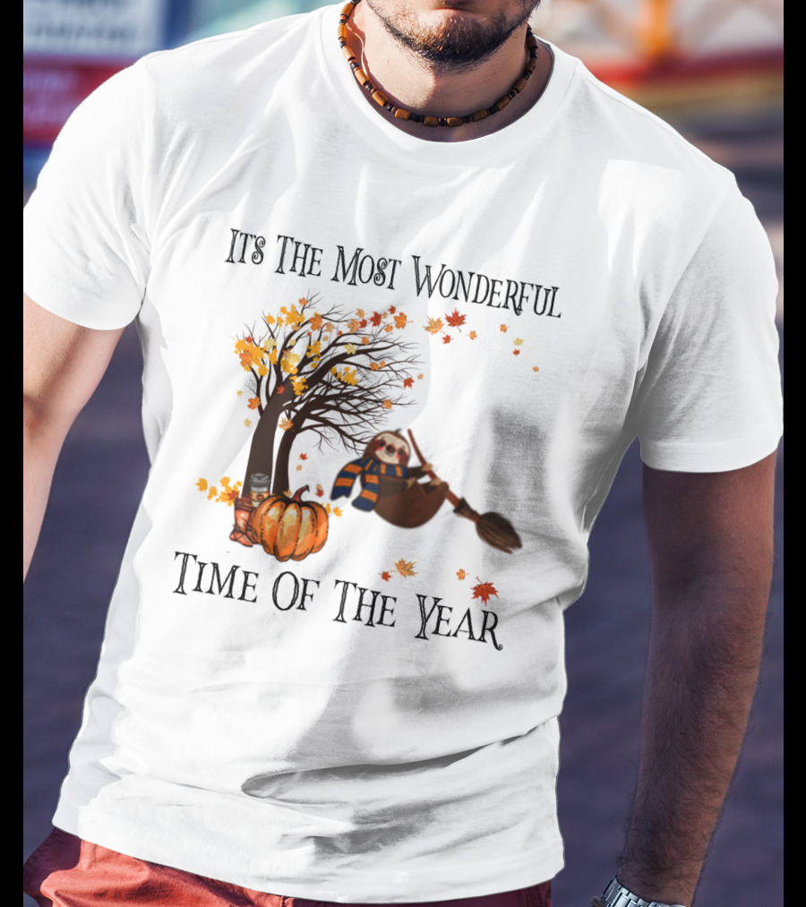 It's The Most Wonderful Time Of The Year Sloth Broom Pumpkin Autumn Leaves Tree T-Shirt