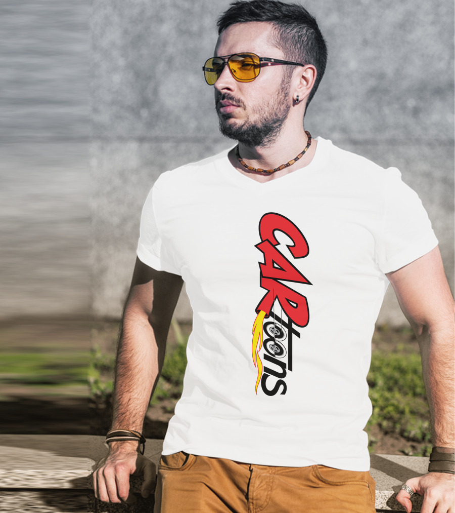 CARTOONS Red And Black Text With Flames And Wheel T-Shirt