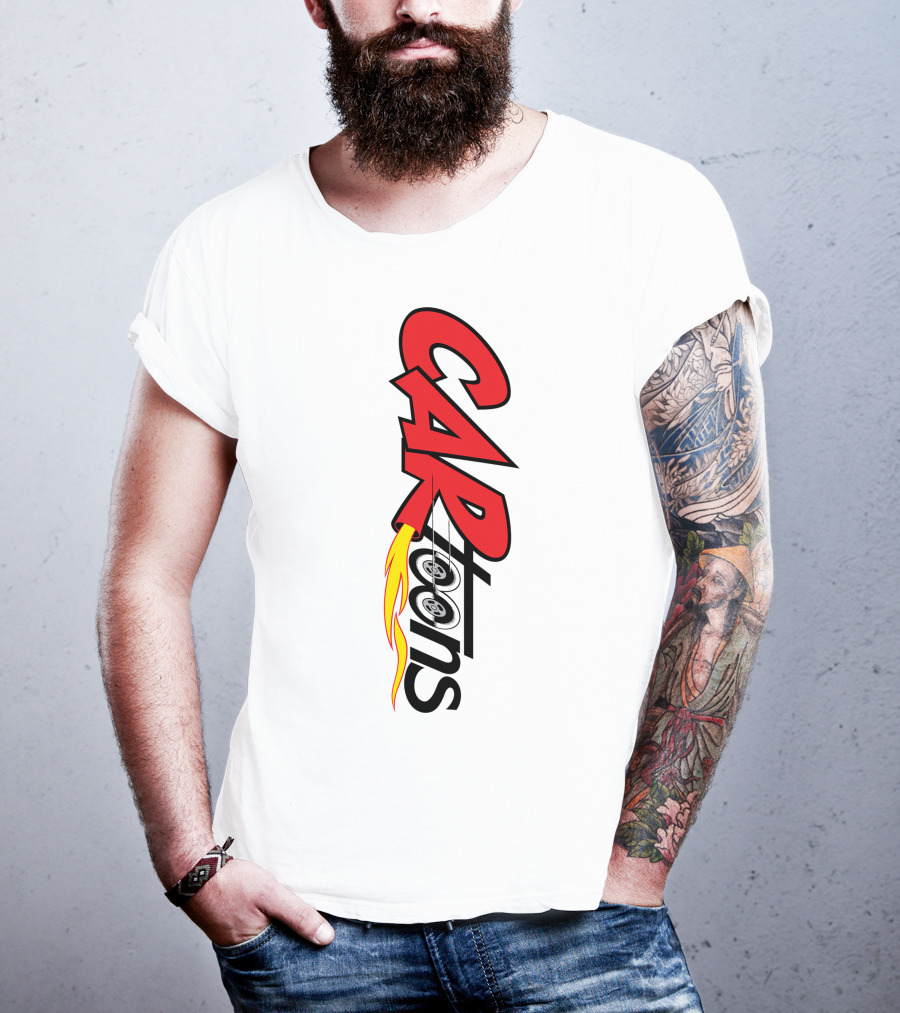 CARTOONS Red And Black Text With Flames And Wheel T-Shirt