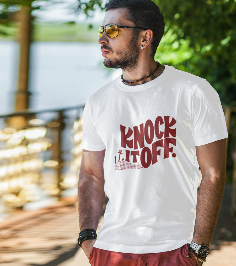 KNOCK IT OFF Lettering With Rising Arrow Figures T-Shirt