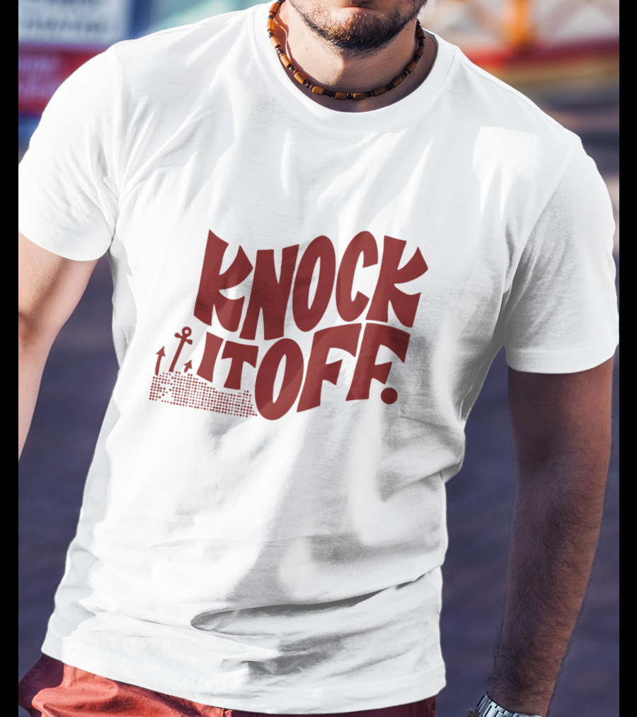 KNOCK IT OFF Lettering With Rising Arrow Figures T-Shirt