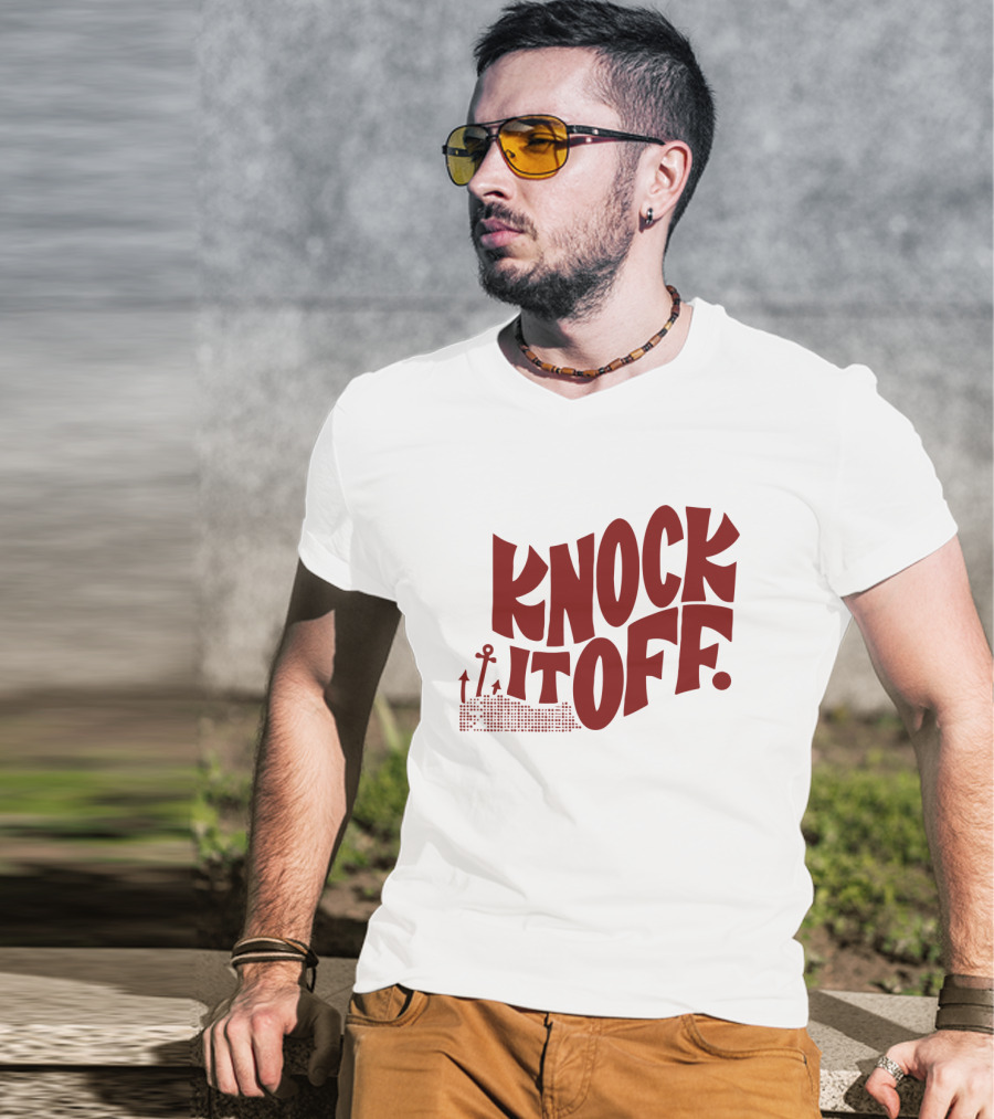 KNOCK IT OFF Lettering With Rising Arrow Figures T-Shirt