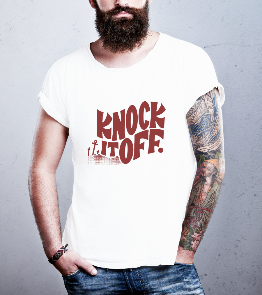 KNOCK IT OFF Lettering With Rising Arrow Figures T-Shirt
