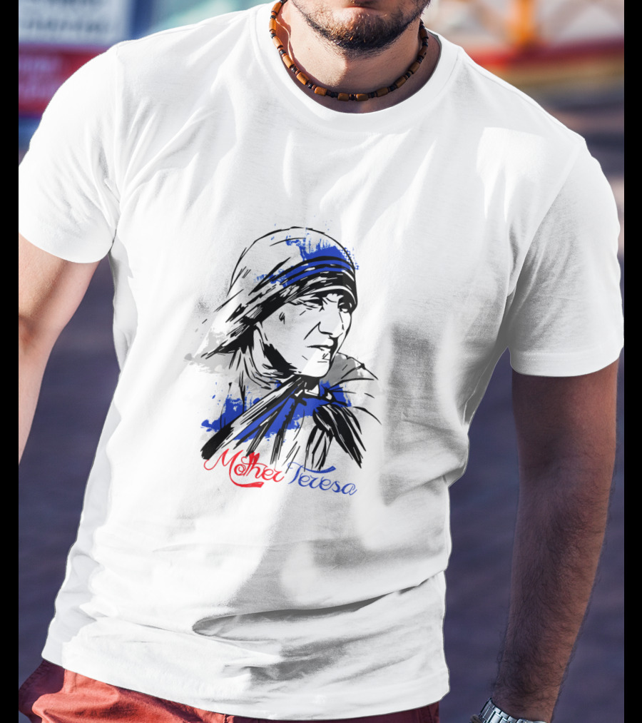 Mother Teresa Hand-Drawn Blue And Red Stylized T-Shirt