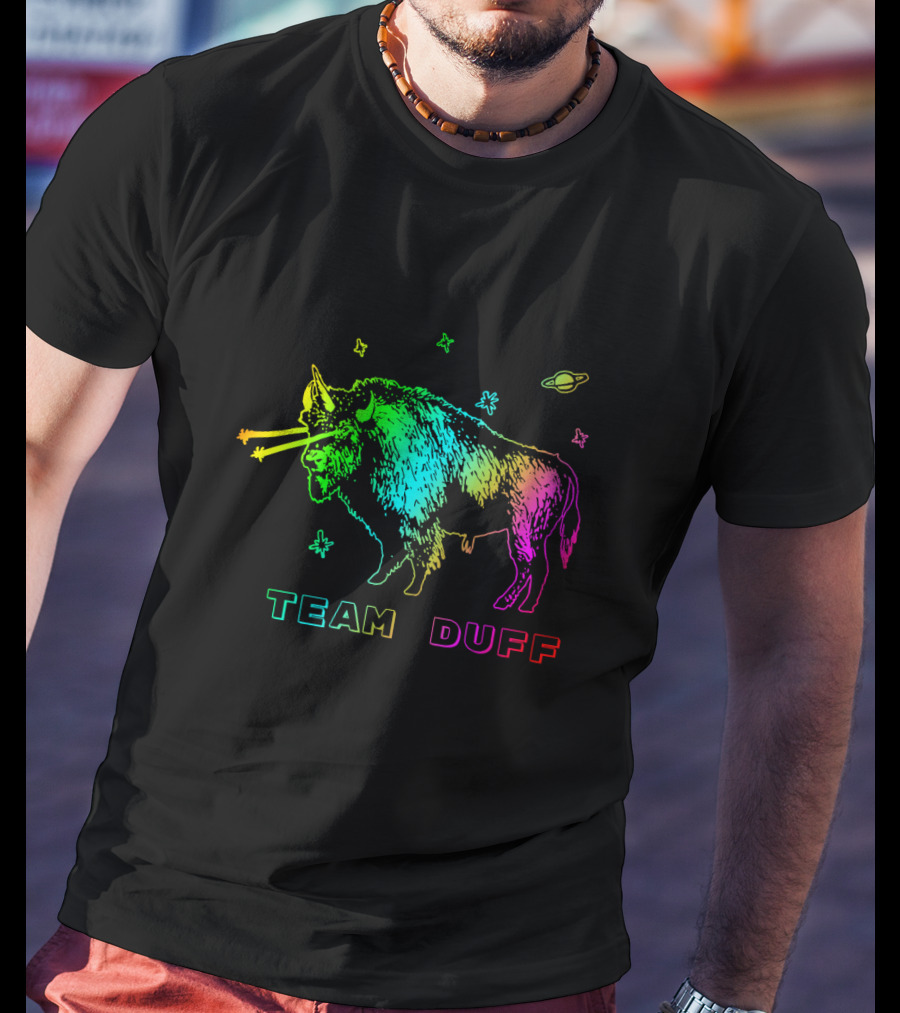 Team Duff Space Bison With Rainbow Laser Eyes And Stars T-Shirt