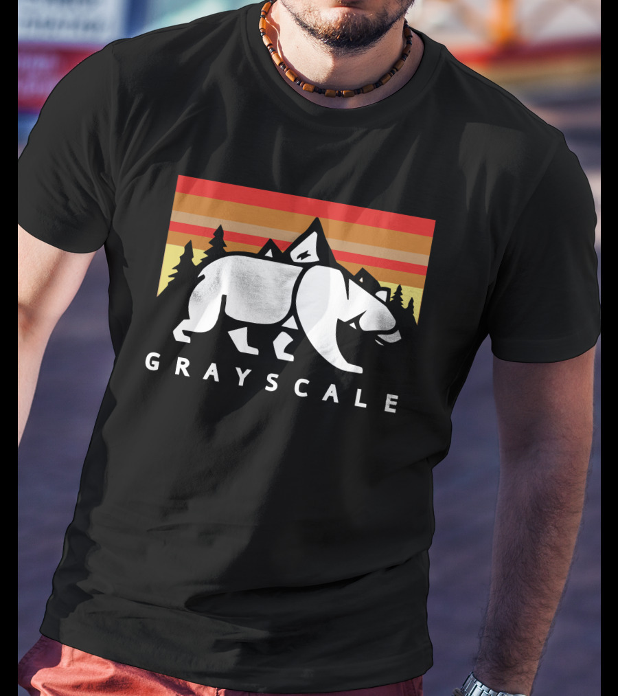 GRAYSCALE Bear And Mountains Retro Sunset T-Shirt