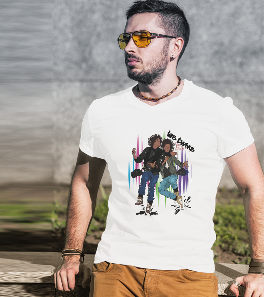 Los Twins Dancing Pose With Colorful Stripes T-Shirt