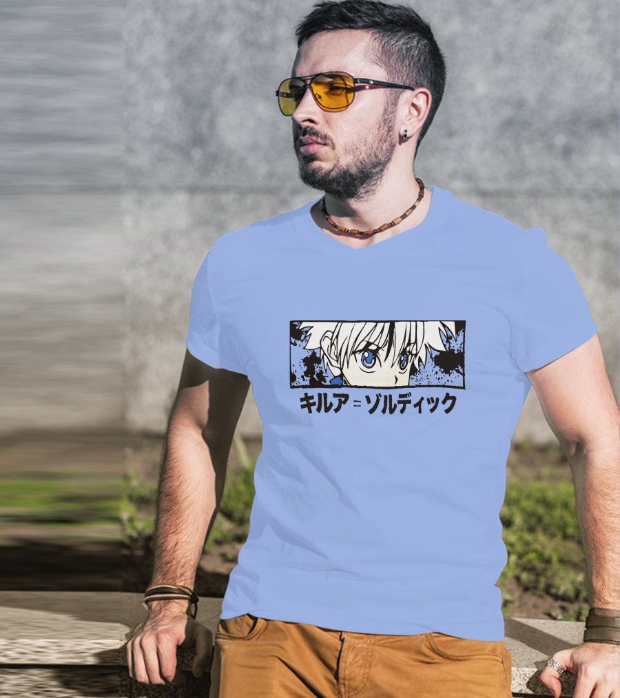 Killua Zoldyck Anime Portrait Blue Eyes Japanese Text Zumiez T-Shirt