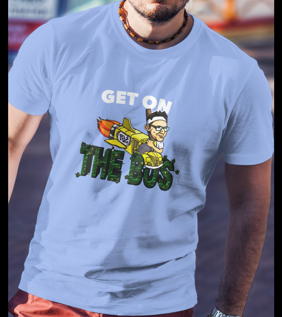 GET ON THE BUS Rocket Cartoon Character With Headband And Glasses T-Shirt