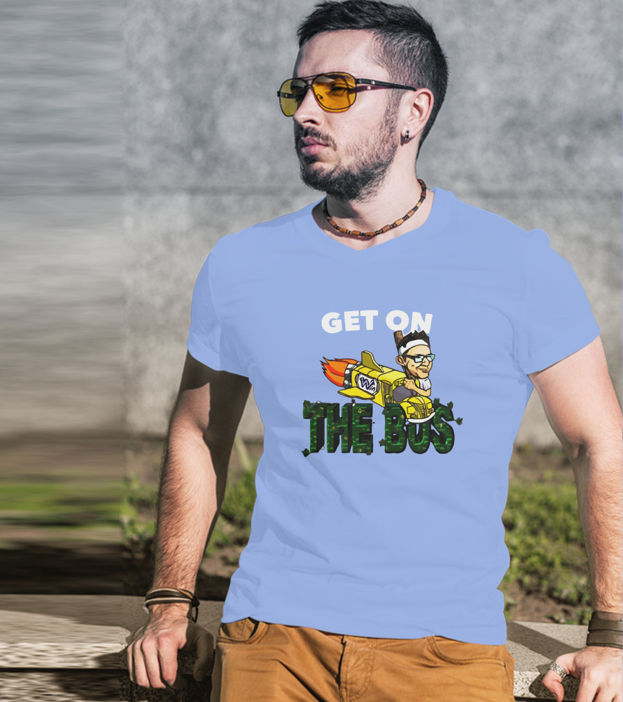 GET ON THE BUS Rocket Cartoon Character With Headband And Glasses T-Shirt