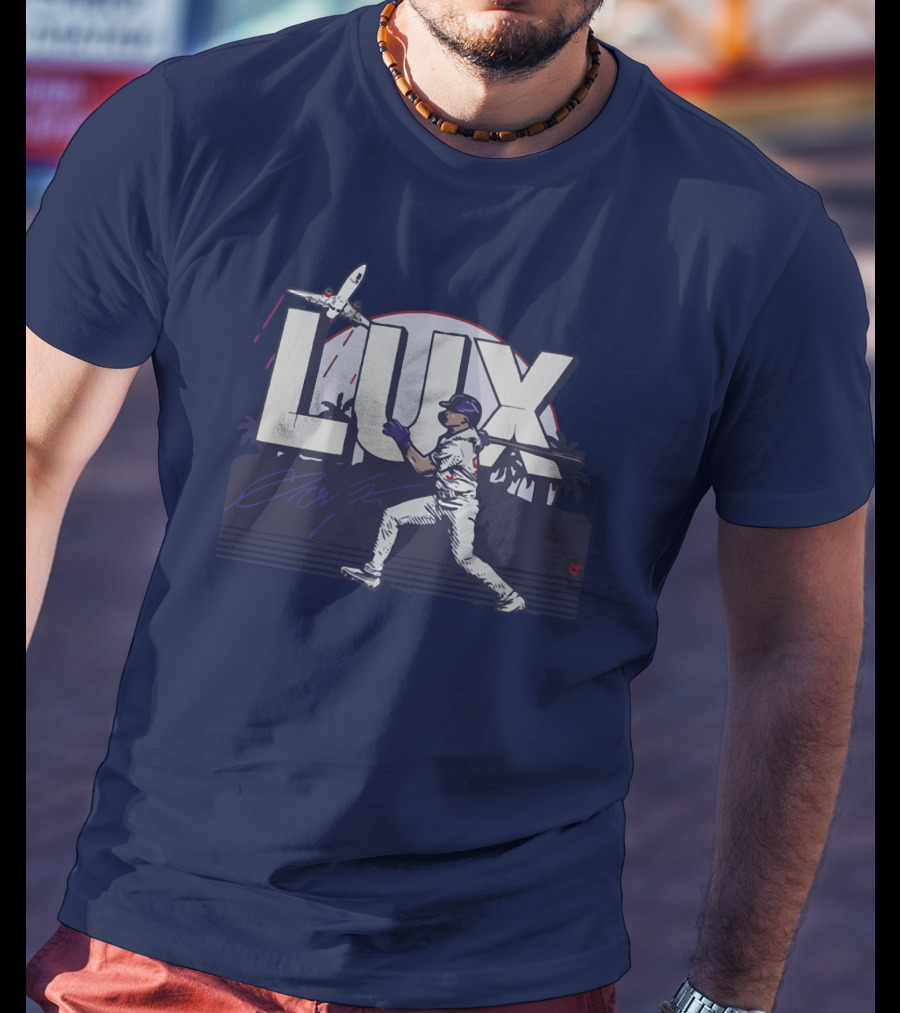 LUX Los Angeles Baseball Player With Plane And Palm Trees T-Shirt