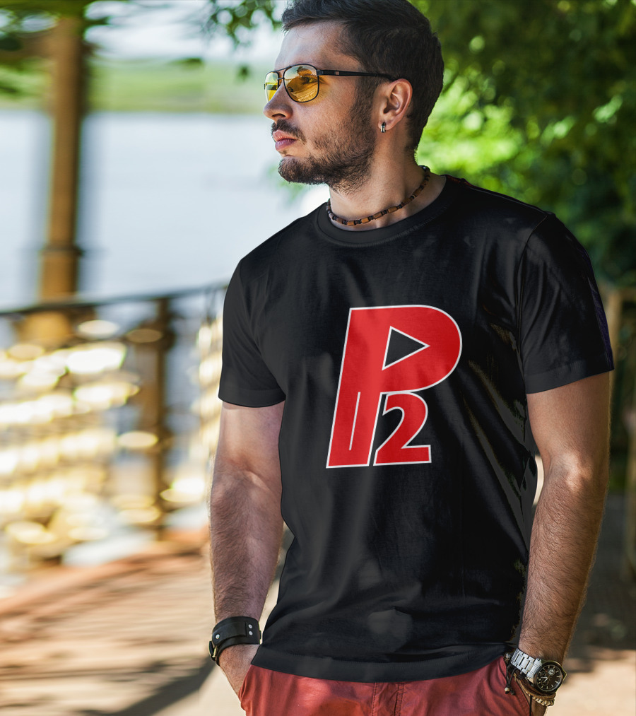 P2isthename Merch Bold Red P2 Logo With Play T-Shirt