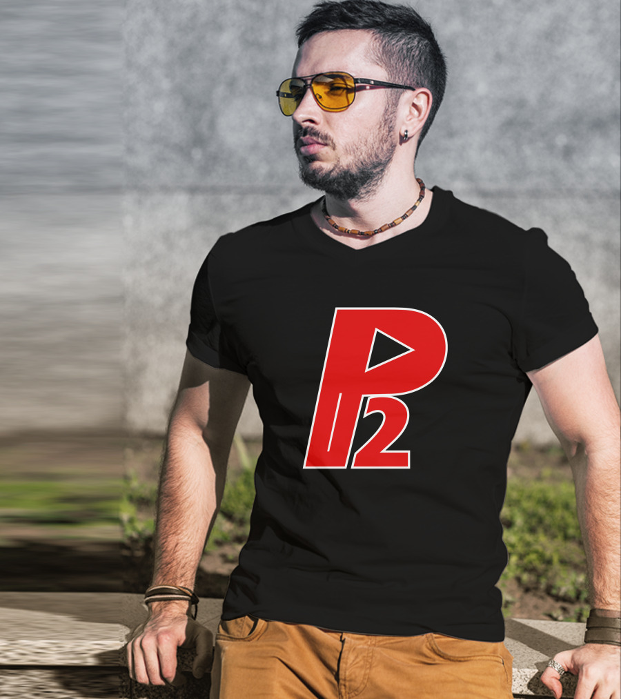 P2isthename Merch Bold Red P2 Logo With Play T-Shirt