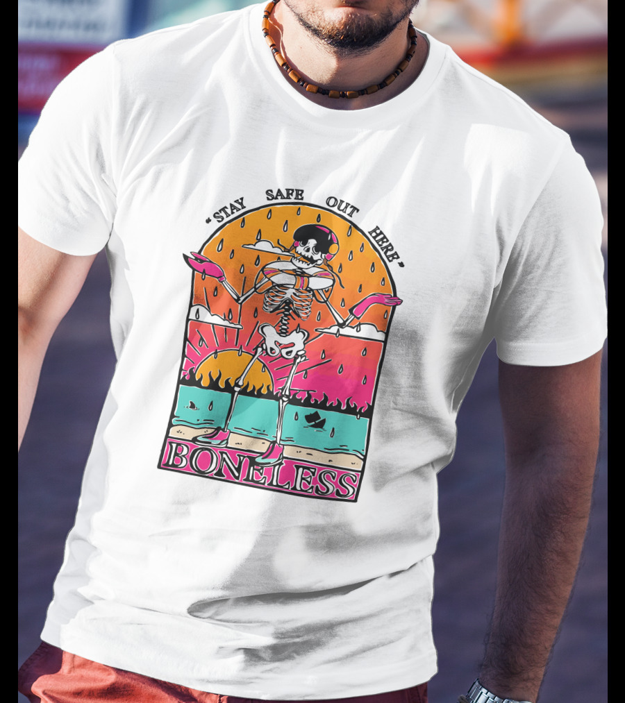 Stay Safe Out Here Boneless Sunset Skeleton Surfer T-Shirt