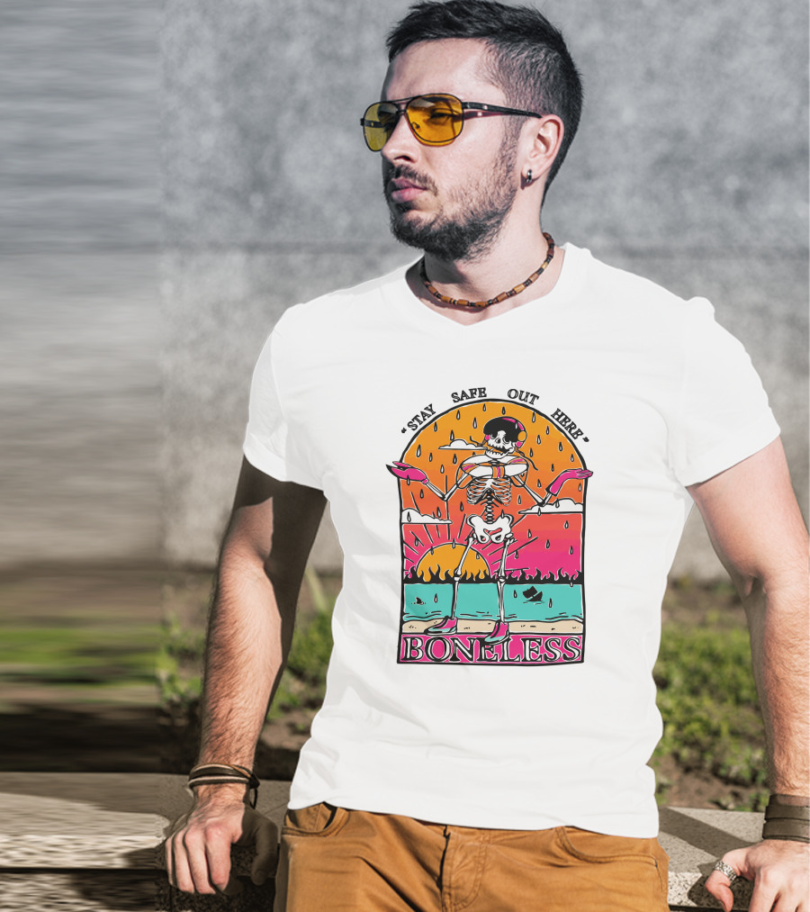 Stay Safe Out Here Boneless Sunset Skeleton Surfer T-Shirt